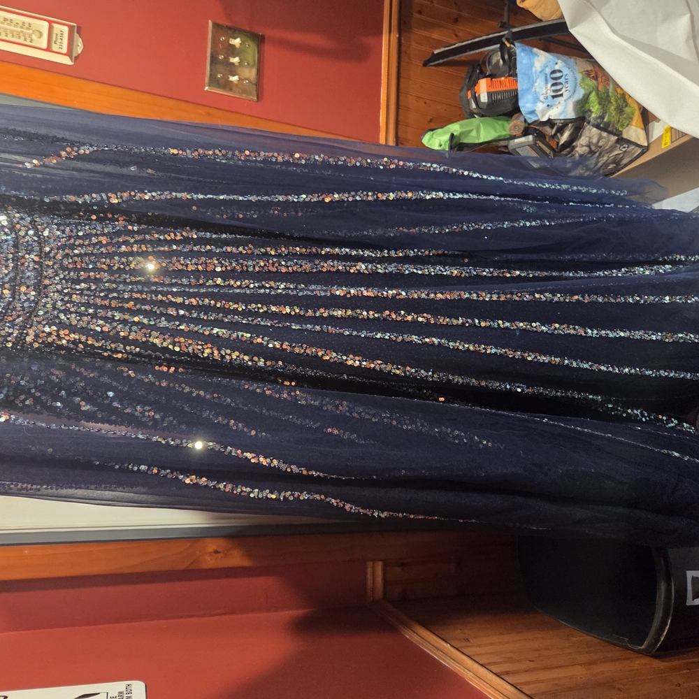 Jovani Blue and Gold Sequin Pleated Gown - Picture 3 of 9